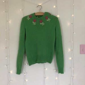 Green Wool Sweater with Flowers Along the Neckline